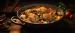 A flavorful chicken stew with a medley of colorful vegetables and a hint of zesty pickled cucumber and spices all simmering in a frying pan Copy space image