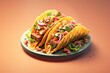 Three delicious tacos with meat, lettuce, tomato and onion.