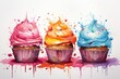 Three watercolor cupcakes with pink, yellow and blue frosting.