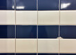 Close up of white and navy blue bathroom tiles