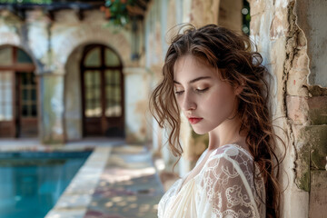 Wall Mural - A woman in a white dress is leaning against a wall. She has long hair and is wearing red lipstick. The image has a calm and serene mood, as the woman is lost in thought