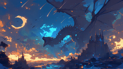 dragon destroys castle 2D illustration