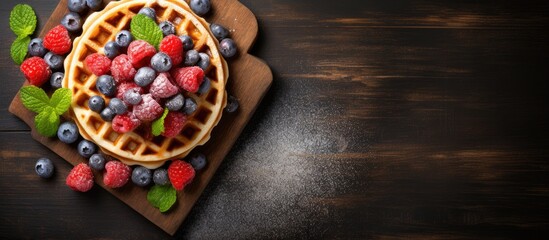 Wall Mural - Top view of a delectable serving of Belgian waffles on a food background perfect for indulging in a sweet dessert The image offers ample copy space for text and promotes organic eating