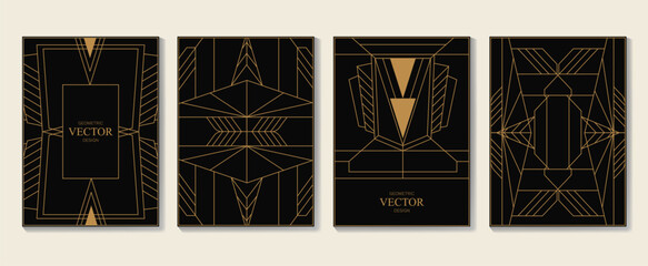Art deco pattern cover design vector. Set invitation card of abstract geometric line art shape design on dark background. Use for wedding invitation, cover, VIP card, print, gala, wallpaper.