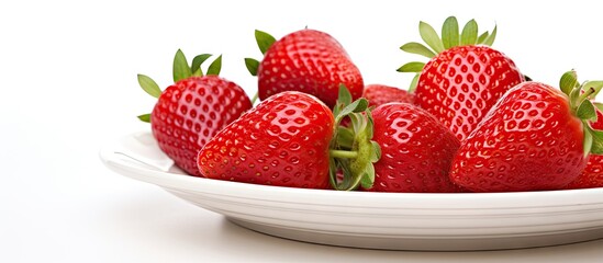 Wall Mural - a close up view from above of a plate of fresh strawberries which are part of a healthy raw diet the