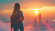 Rear view of adult modern woman traveller with sunrise background