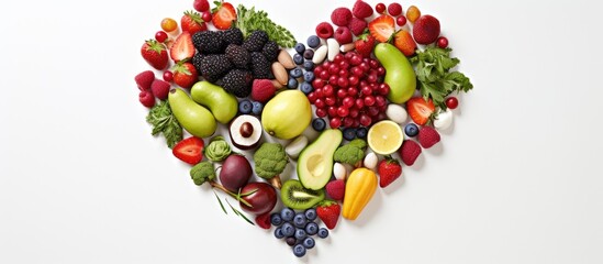 Wall Mural - High resolution product photograph of a heart shaped food composition made from various fruits and vegetables set against a white background with empty space for text. with copy space image