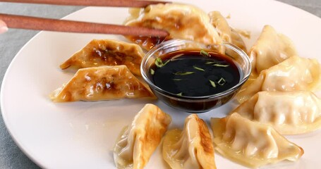 Wall Mural - Japanese dumplings Gyoza with soy sauce. Chopsticks take fried gyoza. Close-up footage 4k