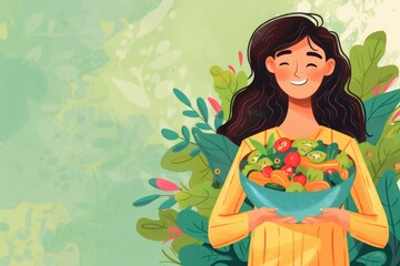 Sticker - A woman holding a bowl of fresh vegetables. Perfect for healthy eating concepts