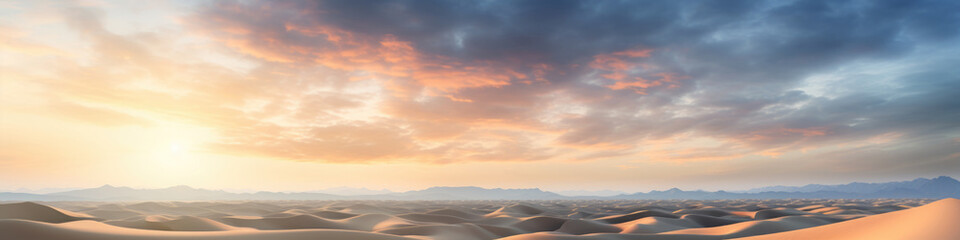 Wall Mural - Sand dunes under sunset or sunrise glowing sky with clouds, dramatic desert landscape