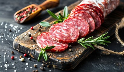 Wall Mural - Exquisite artisanal salami slices on rustic wooden board
