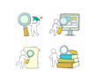 Icons set - Man looks at paper document through magnifying glass. Concept of paperwork, contract or agreement check with doodle person reads with loupe, vector hand drawn illustration