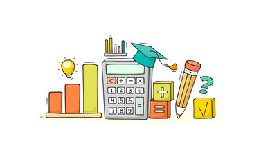 Wall Mural - Finance business idea concept with calculator and light bulb. Vector hand drawn illustration of economy knowledge, financial analytics with doodle  pencil, graph, calculator and lamp