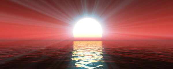 Wall Mural - sunset sea sun ray clear sky. 3d rendering