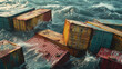 Containers with various contents are sinking into the sea. There is a pile of colorful containers floating in the ocean