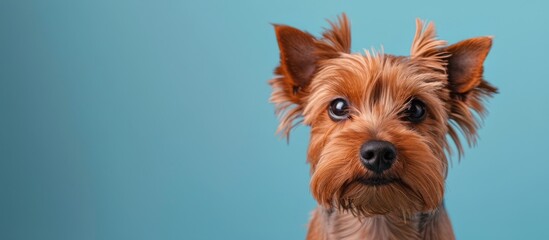 Wall Mural - Small Brown Dog With Long Hair on Blue Background