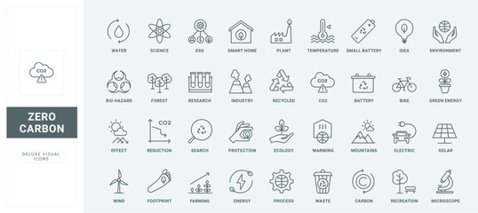 Smart search for ideas and research on energy production with reduction of CO2 emissions into environment thin black and red symbols vector illustration. Zero carbon technology line icons set