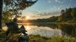 © Wattana - Camping by the lake: A man relaxes in a chair, the serene forest lake creating a picturesque backdrop for a tranquil summer evening.
