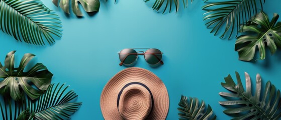 Wall Mural - Hat, Sunglasses, and Palm Leaves on Blue Background