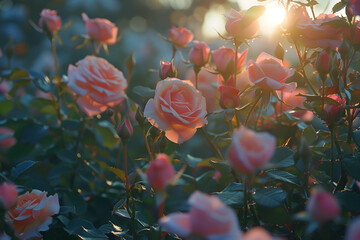 Wall Mural - Roses in a garden at dusk