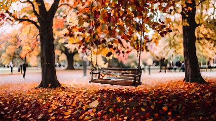 Wall Mural - Autumn colorful bright leaves swinging in a tree in autumn season park. Autumn colorful landscape background.