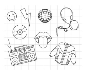 Classic y2k, 90s and 2000s aesthetic. Outline style set of vintage elements. Hand-drawn vector illustration on background of checkered notebook sheet. Patch, sticker, badge, emblem.