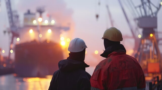 A captivating image of two dock workers in the foreground of a shipyard, with blurred cranes and maritime vessels in the background, representing the dedication.