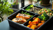 A delicious and healthy meal of grilled salmon, roasted sweet potatoes, quinoa, and vegetables. Perfect for a quick and easy weeknight dinner or a healthy lunch on the go.