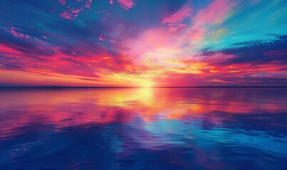 Wall Mural - An image of a vibrant sunset over a serene lake, with colorful reflections shimmering on the water