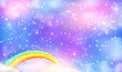 Holographic fantasy rainbow unicorn background with clouds. Magical landscape. Colorful glow star on sky with falling snow abstract for Christmas, new year, Xmas holidays, celebration. Unicorn Vector.