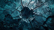 A dark, cracked surface with a glowing blue center.