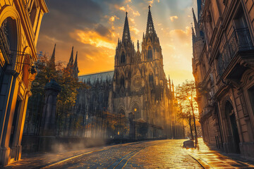 A majestic gothic cathedral with stained glass windows and towering spires, bathed in the golden light of sunrise, casting intricate shadows on the surrounding cobblestone streets.