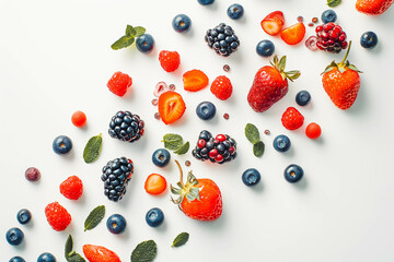 A selection of ripe, juicy berries, their vibrant colors and sweet flavors showcased against the minimalist backdrop of a white studio.