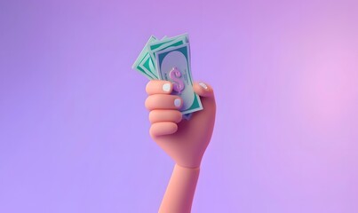 3D Hand holding banknote on purple background, money saving, online payment and payment concept.