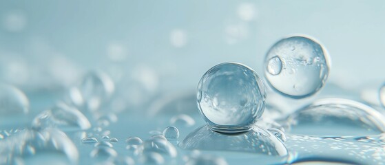 Liquid water droplet closeup macro molecular structure, blue simple background