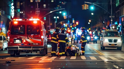 Wall Mural - Paramedics providing urgent medical attention to a bleeding pedestrian on a crosswalk following a traffic collision, highlighting the importance of swift emergency response.