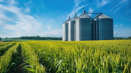 Wall Mural - An idyllic scene of grain silos towering over the countryside fields, showcasing the importance of modern agricultural infrastructure.