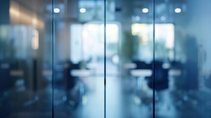 Office conference room glass door, centered in the frame with a focus on the glass surface. Background deliberately blurred for a distant effect.
