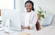 © peopleimages.com - Typing, advisor or black woman in telemarketing call center consulting or communication for loan advice. Finance business, customer support or virtual assistant talking on computer online in office