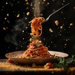 Magical Moment of Italian Spaghetti with Tomato Sauce in Air - Generative AI