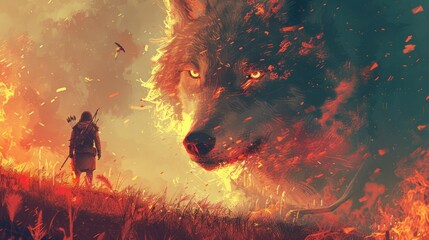 The hunter with the bow faced the huge wolf in the fire grassland. digital art style Illustration drawing