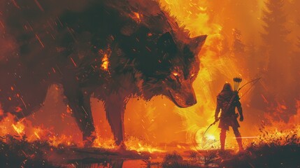 The hunter with the bow faced the huge wolf in the fire grassland. digital art style Illustration drawing