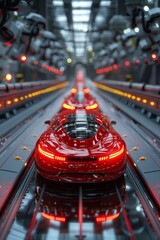 A shiny red car on a futuristic robotic assembly line in an industrial setting.