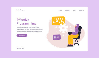 Wall Mural - effective programming landing page. cartoon flat man developer working on laptop. software programme