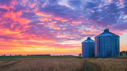 Wall Mural - A tranquil countryside setting with grain silos framed by a colorful sunset sky, evoking a sense of peace and contentment in rural life. 