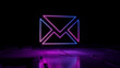 © RocknRoller Studios - Pink and Blue neon light Envelope icon. Vibrant colored Email technology symbol, on a black background with high tech floor. 3D Render