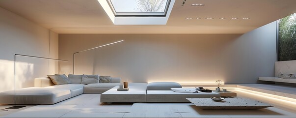 Wall Mural - A minimalist living room with a large skylight flooding the space with natural light, featuring a low, modular sofa in light grey, an ultra-thin LED floor lamp, and a smooth, stone coffee table