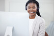 © peopleimages.com - Computer, advisor or black woman in telemarketing call center consulting or communication for loan advice. Finance business, customer support or virtual assistant talking or typing online in office