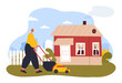 Gardener man mowing lawn mower. Cartoon man cutting grass on backyard of house with equipment. Garden maintenance