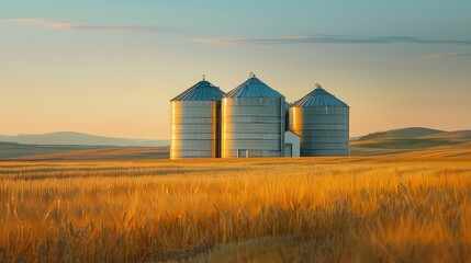 Wall Mural - A picturesque scene of grain silos surrounded by golden fields of wheat, capturing the essence of rural farming life in the countryside. 